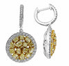 3.07CT WHITE & FANCY YELLOW DIAMOND 18KT 2 TONE GOLD ROUND HALO HANGING EARRINGS