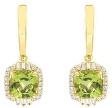 3.19CT DIAMOND & AAA PERIDOT 14KT YELLOW GOLD CUSHION ROUND & BAGUETTE EARRINGS