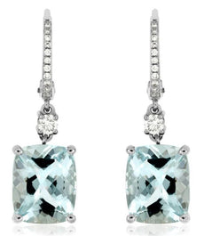 7.60CT DIAMOND & AAA AQUAMARINE 14KT WHITE GOLD CUSHION & ROUND HANGING EARRINGS