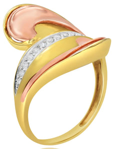 ESTATE WIDE .18CT DIAMOND 14KT TRI COLOR GOLD DOUBLE LEAF CRISS CROSS LOVE RING