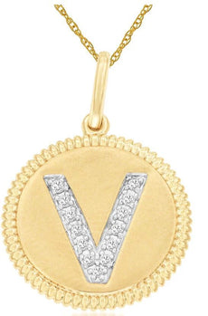 .06CT DIAMOND 14K 2 TONE GOLD V INITIAL ROUND MATTE & SHINY FUN FLOATING PENDANT