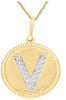 .06CT DIAMOND 14K 2 TONE GOLD V INITIAL ROUND MATTE & SHINY FUN FLOATING PENDANT