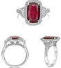 LARGE 4.49CT DIAMOND & AAA RUBY PLATINUM 3D CUSHION & HALF MOON ENGAGEMENT RING