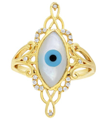 LARGE 1.94CT DIAMOND & AAA MOTHER OF PEARL 14KT YELLOW GOLD LUCKY EVIL EYE RING