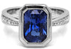 3.05CT DIAMOND & AAA SAPPHIRE 18KT WHITE GOLD EMERALD CUT & ROUND FILIGREE RING