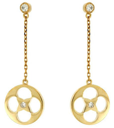 ESTATE 0.09CT DIAMOND 14KT YELLOW GOLD 3D ETOILE FLOWER STAR HANGING EARRINGS