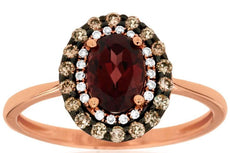 1.28CT WHITE & MOCHA DIAMOND & AAA RHODOLITE 14KT ROSE GOLD OVAL HALO LOVE RING