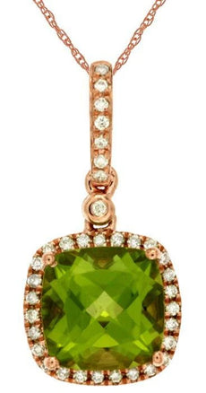 2.14CT DIAMOND & AAA PERIDOT 14KT ROSE GOLD CUSHION & ROUND SQUARE HALO PENDANT