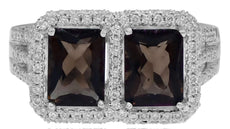 ESTATE 3.71CT DIAMOND & AAA SMOKY QUARTZ 14K WHITE GOLD CUSHION & ROUND FUN RING