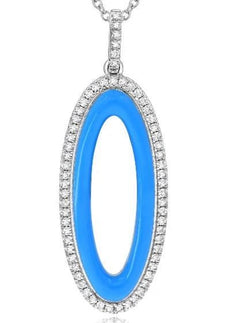 .37CT DIAMOND & BLUE ENAMEL 14K WHITE GOLD 3D CLASSIC OPEN OVAL FLOATING PENDANT