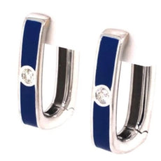 .14CT DIAMOND & BLUE ENAMEL 18KT WHITE GOLD RECTANGULAR HOOP HANGING EARRINGS