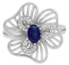 ESTATE .69CT DIAMOND & AAA SAPPHIRE 14K WHITE GOLD OVAL & ROUND FLOWER ROSE RING