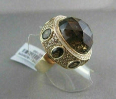 ANTIQUE WIDE 14KT GOLD YELLOW 30.03CT SMOKY TOPAZ & DIAMOND OVAL COCKTAIL RING