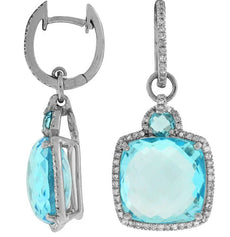 LARGE 19CT DIAMOND & AAA BLUE TOPAZ 14KT WHITE GOLD 3D HUGGIE HANGING EARRINGS