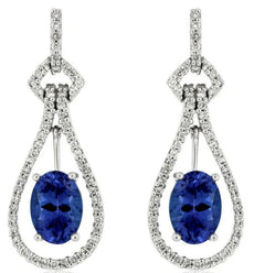 2.04CT DIAMOND & AAA TANZANITE 14KT WHITE GOLD OVAL TEAR DROP HANGING EARRINGS