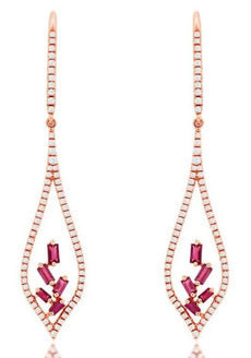 .67CT DIAMOND & AAA RUBY 14KT ROSE GOLD 3D BAGUETTE TEAR DROP HANGING EARRINGS