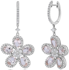 4.78CT DIAMOND & AAA MORGANITE 14KT WHITE GOLD 3D OVAL & ROUND HANGING EARRINGS
