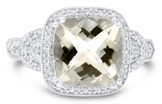 4.17CT DIAMOND & AAA SMOKY QUARTZ 14KT WHITE GOLD CUSHION & ROUND FILIGREE RING