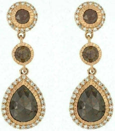 ESTATE LARGE 4.20CT WHITE & CHOCOLATE FANCY DIAMOND 18KT ROSE GOLD 3D EARRINGS