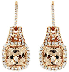 4.70CT DIAMOND & AAA MORGANITE 14KT ROSE GOLD CUSHION & ROUND HANGING EARRINGS