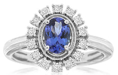 .91CT DIAMOND & AAA TANZANITE 14KT WHITE GOLD OVAL & ROUND FILIGREE FLOWER RING
