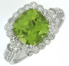 3.6CT DIAMOND & AAA PERIDOT 14KT WHITE GOLD CUSHION & ROUND HALO ENGAGEMENT RING