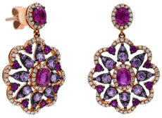 2.66CT DIAMOND & AAA PINK SAPPHIRE 14KT ROSE GOLD DOUBLE FLOWER HANGING EARRINGS