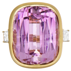 EXTRA LARGE 40.07CT DIAMOND & AAA KUNZITE 18KT YELLOW GOLD BEZEL ENGAGEMENT RING