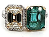 8.29CT WHITE & FANCY YELLOW DIAMOND & AAA EMERALD 18KT 2 TONE GOLD 2 STONE RING