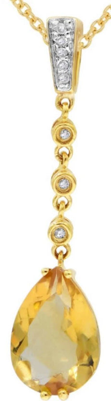 1.55CT DIAMOND & AAA CITRINE 14K YELLOW GOLD PEAR SHAPE & ROUND FLOATING PENDANT
