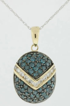 1.4CT WHITE & BLUE DIAMOND 14KT YELLOW GOLD PAVE V SHAPE OVAL FLOATING PENDANT