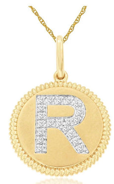 .10CT DIAMOND 14K 2 TONE GOLD R INITIAL ROUND MATTE & SHINY FUN FLOATING PENDANT