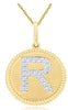 .10CT DIAMOND 14K 2 TONE GOLD R INITIAL ROUND MATTE & SHINY FUN FLOATING PENDANT