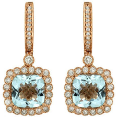 4.18CT DIAMOND & AAA AQUAMARINE 14KT ROSE GOLD CUSHION & ROUND HANGING EARRINGS