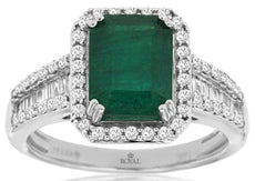 2.65CT DIAMOND & AAA EMERALD 14KT WHITE GOLD 3D ROUND & BAGUETTE ENGAGEMENT RING