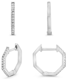 .09CT DIAMOND 14KT WHITE GOLD ROUND CLASSIC OCTAGON HUGGIE HOOP HANGING EARRINGS