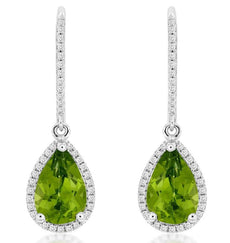 LARGE 3.22CT DIAMOND & AAA PERIDOT 14KT WHITE GOLD PEAR SHAPE HANGING EARRINGS