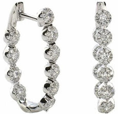 ESTATE LARGE 1.85CT DIAMOND 18K WHITE GOLD 3D MULTI FLOWER HOOP HANGING EARRINGS