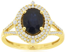 1.78CT DIAMOND & AAA SAPPHIRE 14KT YELLOW GOLD 3D OVAL & ROUND DOUBLE HALO RING