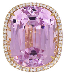 EXTRA LARGE 66.59CT DIAMOND & AAA KUNZITE 18KT YELLOW GOLD CUSHION & ROUND RING