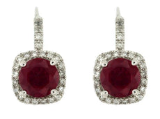 ESTATE 2.60CT DIAMOND & AAA RUBY 14K WHITE GOLD 3D ROUND SQUARE HANGING EARRINGS