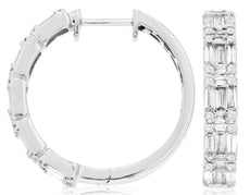.80CT DIAMOND 14KT WHITE GOLD 3D ROUND & BAGUETTE HUGGIE HOOP HANGING EARRINGS
