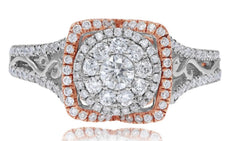 .89CT DIAMOND 18KT WHITE & ROSE GOLD SOLITAIRE CLUSTER FLOWER FILIGREE FUN RING