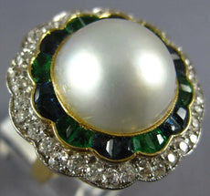 ANTIQUE LARGE DIAMOND AAA PEARL EMERALD SAPPHIRE 14KT GOLD BALLERINA RING #1873