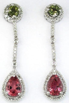 4.28CT DIAMOND & AAA MULTI GEM 14KT WHITE GOLD PEAR SHAPE HALO HANGING EARRINGS