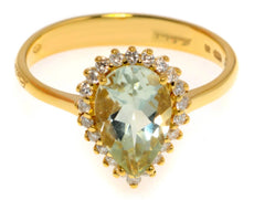 .20CT DIAMOND & AAA GREEN AMETHYST 18KT YELLOW GOLD PEAR SHAPE & ROUND HALO RING