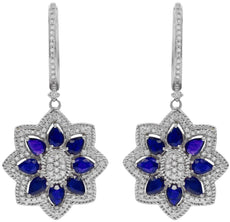 3.89CT DIAMOND & AAA SAPPHIRE 14K WHITE GOLD 3D PEAR SHAPE & ROUND STAR EARRINGS