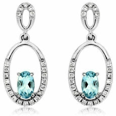 ESTATE .60CT DIAMOND & AAA AQUAMARINE 14KT WHITE GOLD 3D OVAL HANGING EARRINGS
