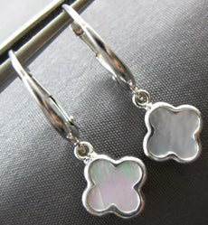 AAA MOTHER OF PEARL 14KT WHITE GOLD 4 LEAF CLOVER FLOWER HANGING EARRINGS #27007