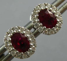 1CT DIAMOND & AAA RUBY 18KT WHITE GOLD OVAL & ROUND FLOWER CLASSIC STUD EARRINGS